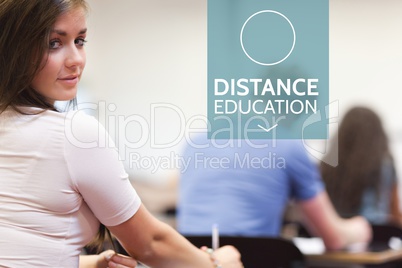 Distance education text and woman sitting at a class