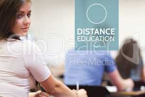 Distance education text and woman sitting at a class