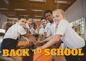 Education and back to school text and kids playing basketball