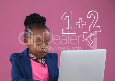 Office kid girl using a computer against pink background with education icons