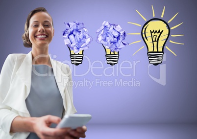 Woman on tablet standing next to light bulbs with crumpled paper balls