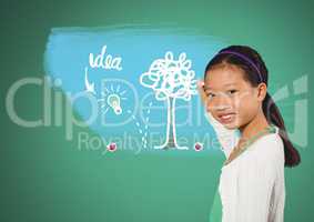 Girl writing in front of green blank background with idea drawings
