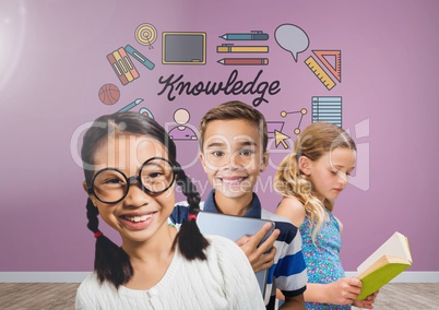 Clever kids with blank room background with knowledge graphics