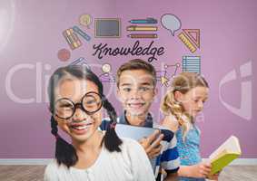 Clever kids with blank room background with knowledge graphics