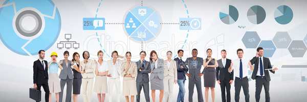 Group of business people standing in front of statistics performance charts background
