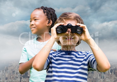 Boys with binoculars over city