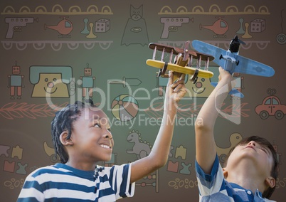 kids playing with toy planes together with blank background and toy graphics