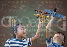 kids playing with toy planes together with blank background and toy graphics