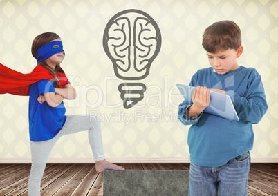 Boy on tablet and superhero girl in room with light bulb brain graphic