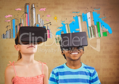 kids wearing VR headsets with brick background and colorful cities graphics