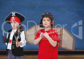 Pirate girl and pilot boy in front of blue wall