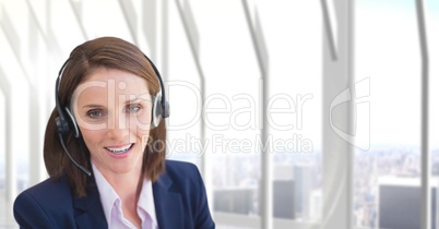 Customer care representative woman against city background