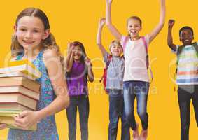 Kids jumping for joy in room with books and yellow background