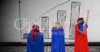 Superhero kids with blank room background with bar chart incremental on wall in room