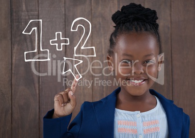 Happy office kid girl touching an education icon against wood wall background
