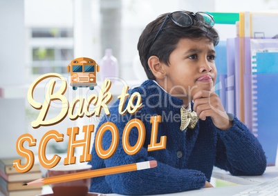 Back to school illustration against office kid boy thinking background