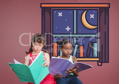 Kids reading in front of pink background with night time magical window and moon