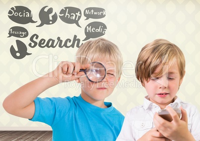 kids holding magnifying glass with blank room background and search and social media graphics