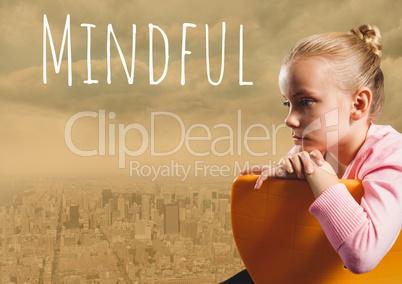 Mindful text and Girl sitting  in chair over city