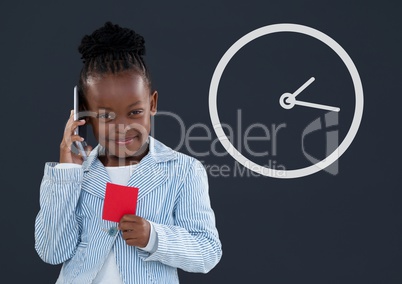 Happy office kid girl talking on the phone with clock icon against blue background