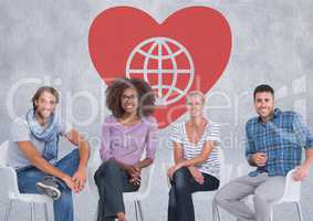 Group of people sitting in front of Heart with world globe charity