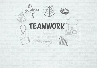 Teamwork text graphics on brick wall