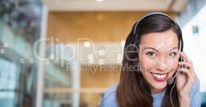 Happy customer care representative woman against office background