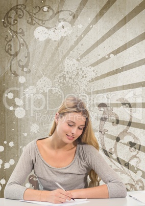 Young student woman writing against brown and white splattered background