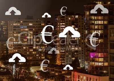 Euro and upload icons in city