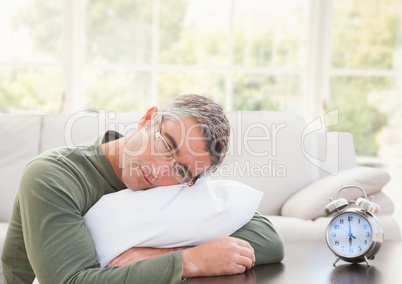 man tired by clock in front of windows