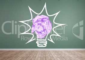light bulb with crumpled paper ball in front of blackboard