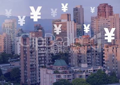 Yen icons over city buildings