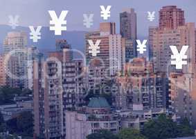 Yen icons over city buildings