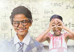 kids having fun with blank room background and math equations