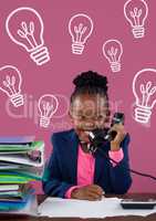 Happy office kid girl talking on the phone against pink background with bulbs icons