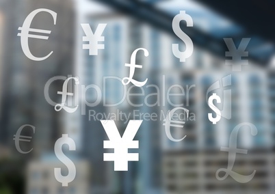 Mixed Currency icons over city