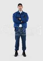 Full body portrait of security guard man standing with grey background