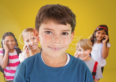 Kids in room on phones with yellow background