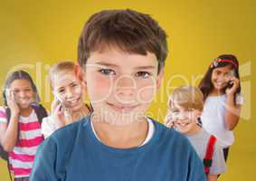 Kids in room on phones with yellow background