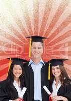 Happy young students holding diplomas against red and white background