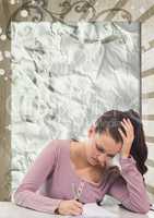 Worried young student woman studying against brown and white splattered background