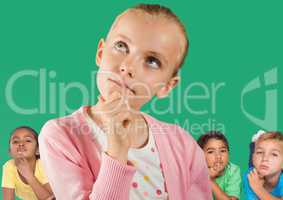 Girl thinking in front of friends and green wall