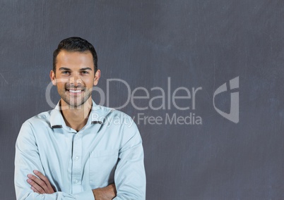 man standing with blackboard