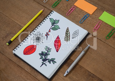Tree branches and leafs drawn onto notepad creatively