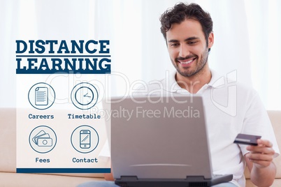 Education and distance learning text and icons and man looking at a computer