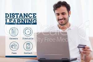Education and distance learning text and icons and man looking at a computer