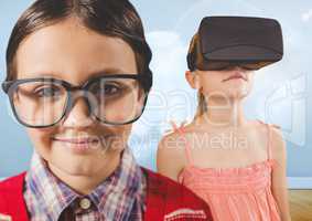 Boy with glasses and girl with VR headset in cloudy room