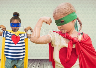 Superhero girl kids with blank room background