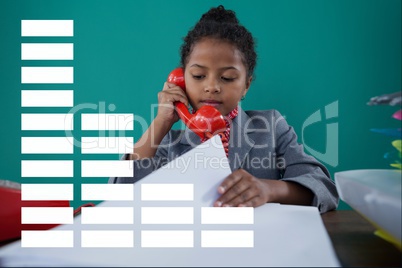 Infographics against office kid girl talking on the phone background