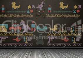 Toys graphics on blackboard in room